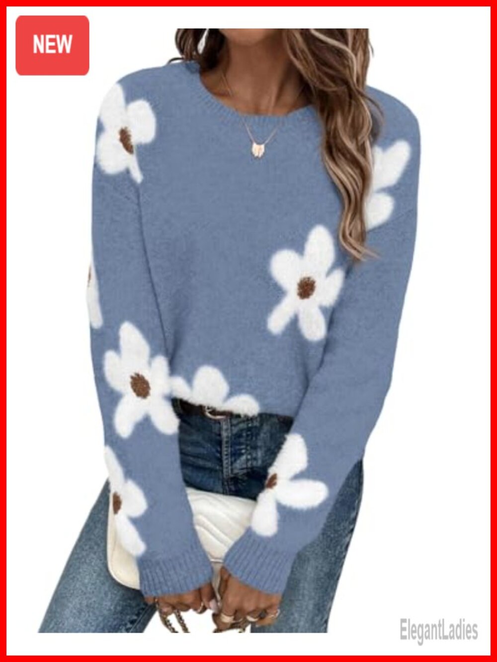 Women's Chunky Knit Floral Pullover Sweater Crew Neck Long Sleeve